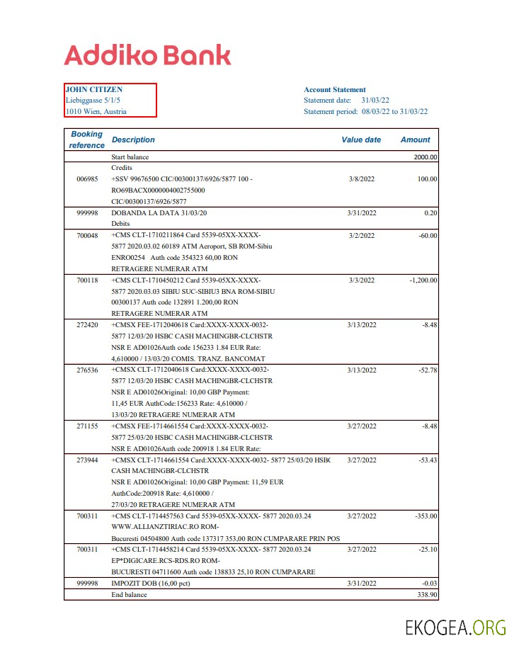 Relevé bancaire Autriche Addiko Bank